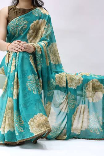 turquoise georgette floral saree with lace-unstitched