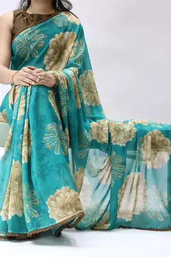 turquoise georgette floral saree with lace-unstitched