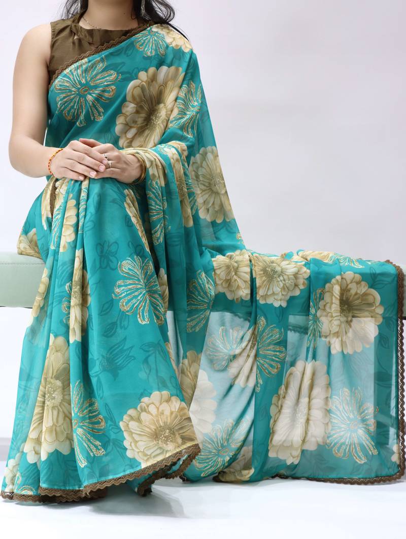 turquoise georgette floral saree with lace-unstitched