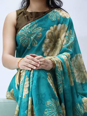 turquoise floral printed georgette saree with lace border 2