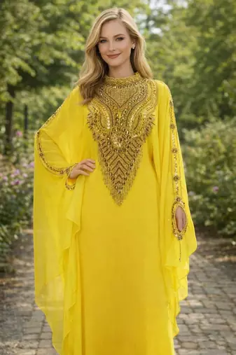 Yellow velvet Beaded Kaftan