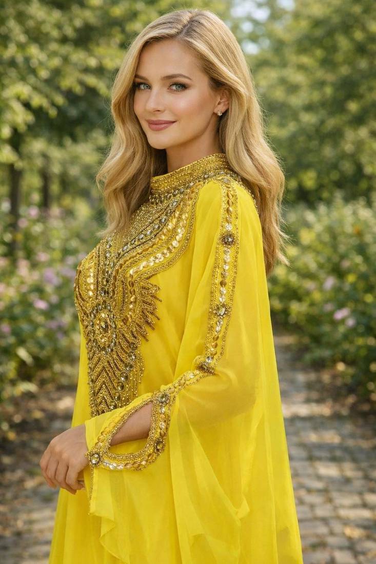 Yellow velvet Beaded Kaftan