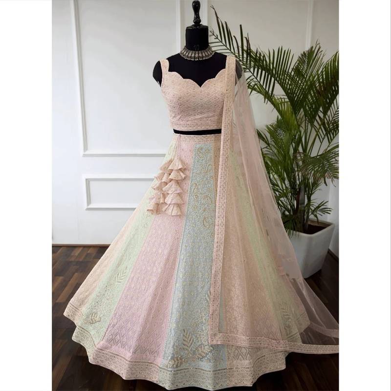 Multicolor Thread Sequin Georgette Lehenga set with choli and dupatta