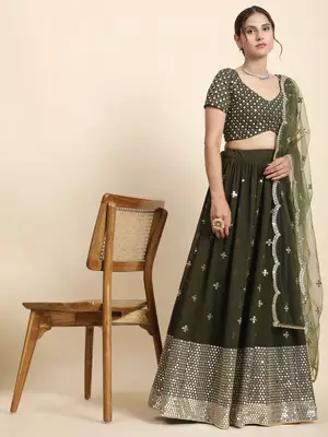 Green Sequin Georgette Allover Lehenga set with choli and dupatta 1