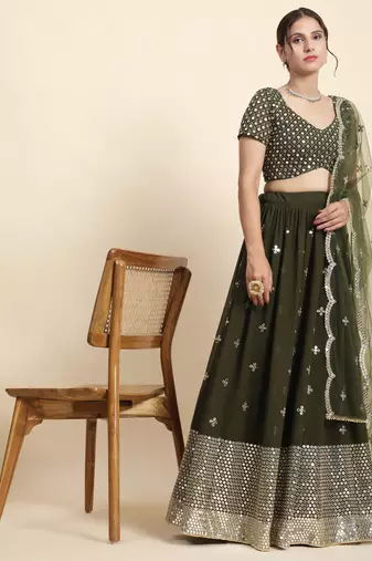 Green Sequin Georgette Allover Lehenga set with choli and dupatta
