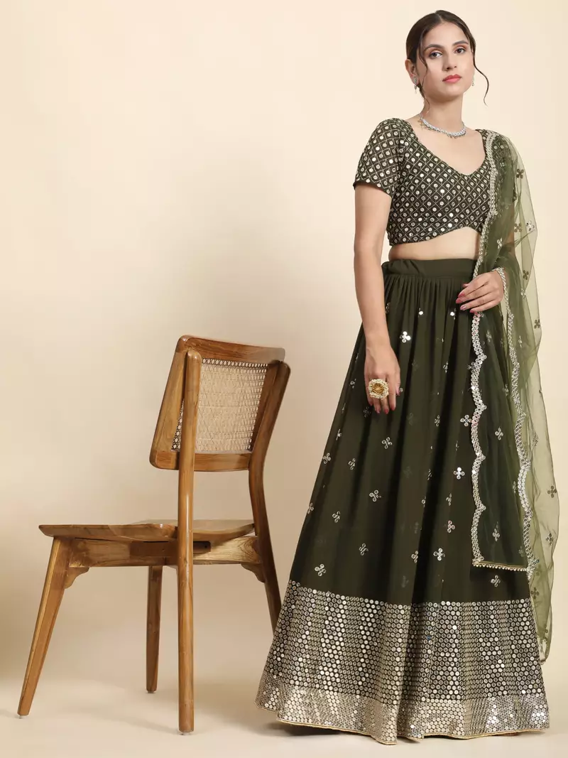 Green Sequin Georgette Allover Lehenga set with choli and dupatta