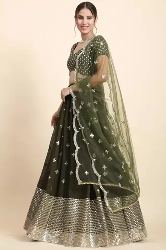 Green Sequin Georgette Allover Lehenga set with choli and dupatta