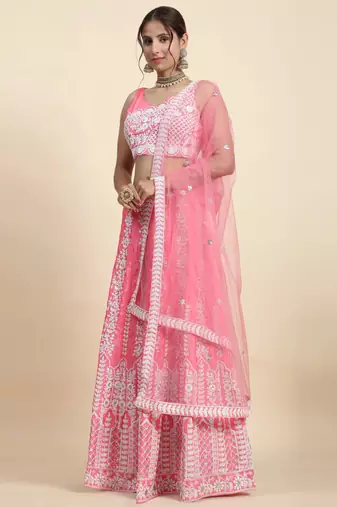Pink Sequin Chinon Silk Lehenga set with choli and dupatta