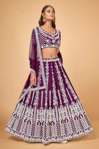 Wine Sequin Chinon Silk Lehenga set with choli and dupatta