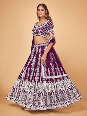 Wine Sequin Chinon Silk Lehenga set with choli and dupatta 3