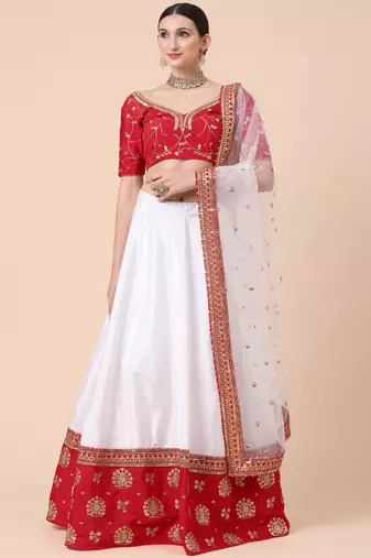 Red Zari With Sequin Embroidery Satin Lehenga set with choli and dupatta