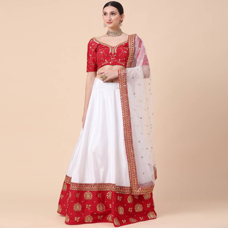 Red Zari With Sequin Embroidery Satin Lehenga set with choli and dupatta