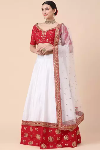 Red Zari With Sequin Embroidery Satin Lehenga set with choli and dupatta