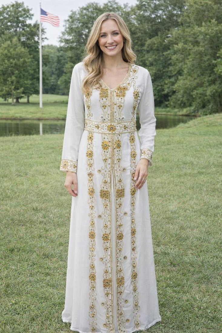 White Georgette Beaded Kaftan