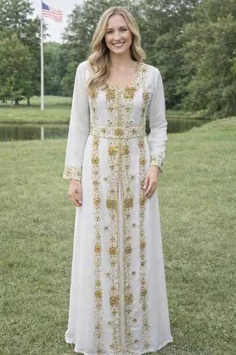 White Georgette Beaded Kaftan