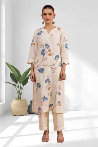 Cream long kurta with pant for women's