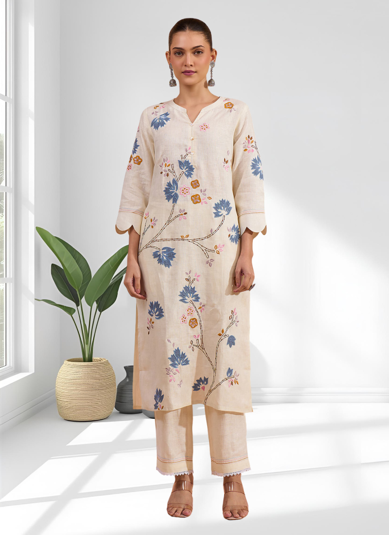 Cream long kurta with pant for women's