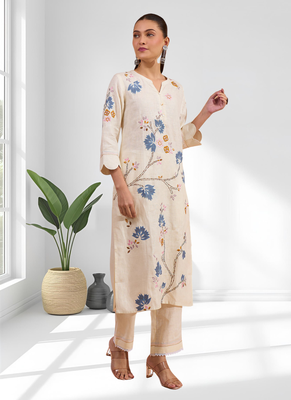 Cream long kurta with pant for women's 3