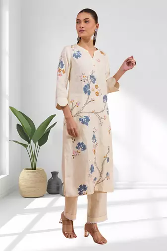 Cream long kurta with pant for women's