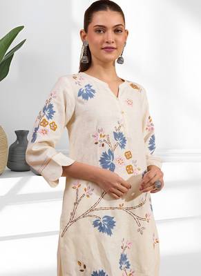 Cream long kurta with pant for women's 4