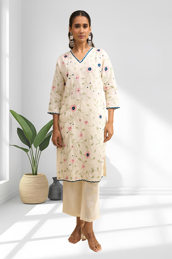 Cream long kurta with pant for women's