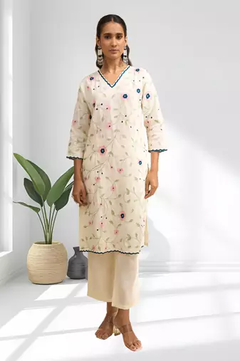 Cream long kurta with pant for women's