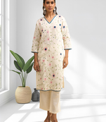Cream long kurta with pant for women's