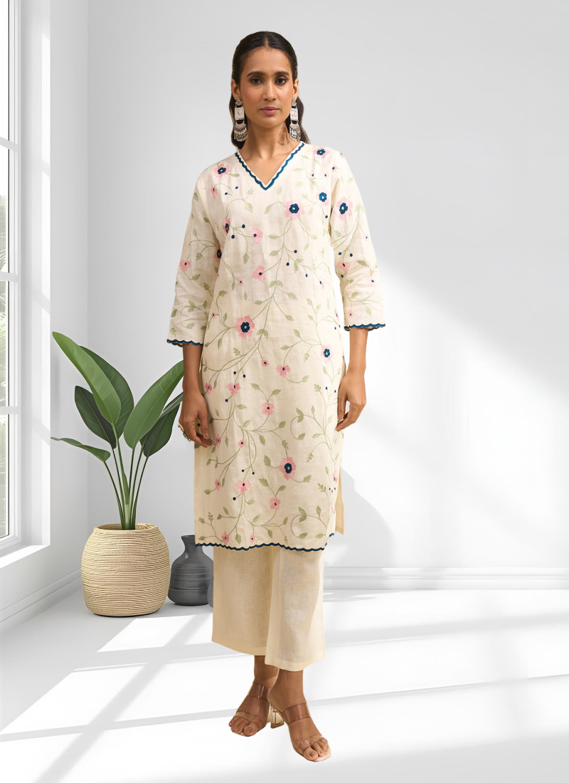 Cream long kurta with pant for women's