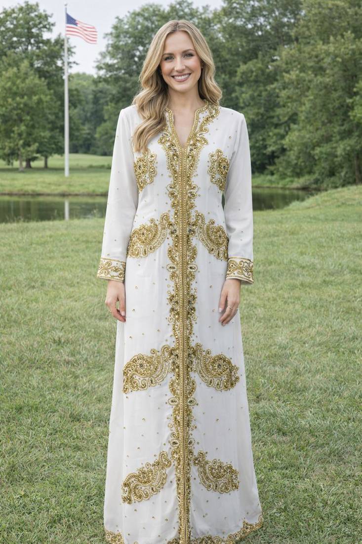 White Georgette Beaded Kaftan