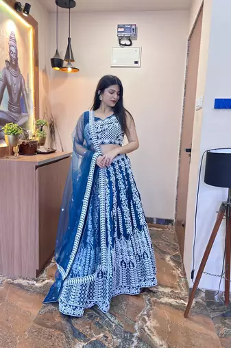 Light Blue Sequin Chinon Silk Lehenga set with choli and dupatta