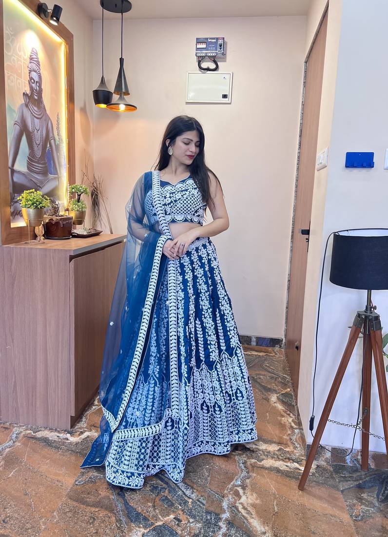 Light Blue Sequin Chinon Silk Lehenga set with choli and dupatta