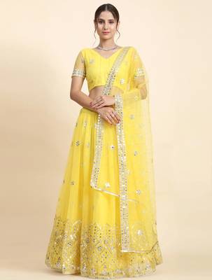 Yellow Sequin Soft Net Lehenga set with choli and dupatta 1