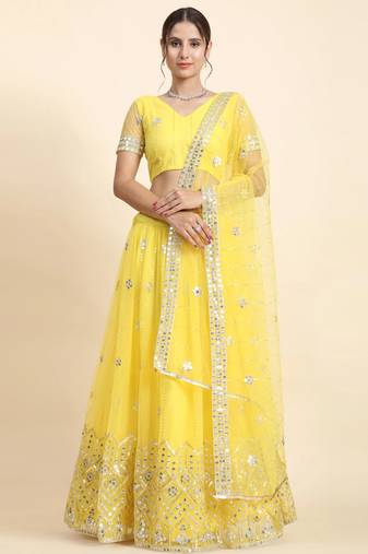 Yellow Sequin Soft Net Lehenga set with choli and dupatta
