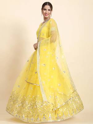 Yellow Sequin Soft Net Lehenga set with choli and dupatta 2