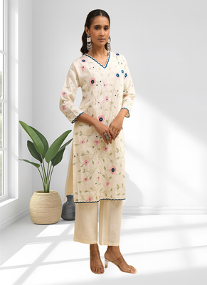 Cream long kurta with pant for women's 3