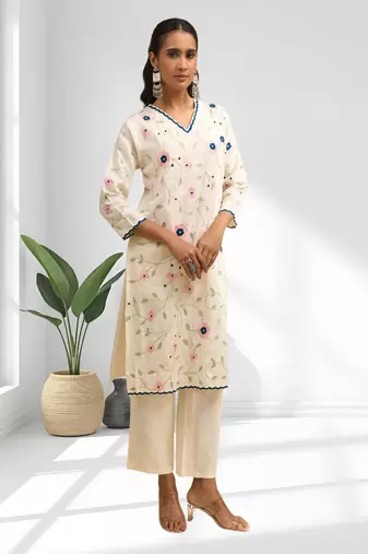 Cream long kurta with pant for women's