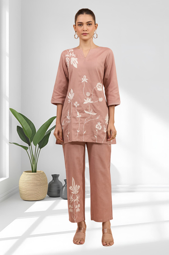 Powder pink cotton kurti set for women's