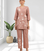 Powder pink cotton kurti set for women's