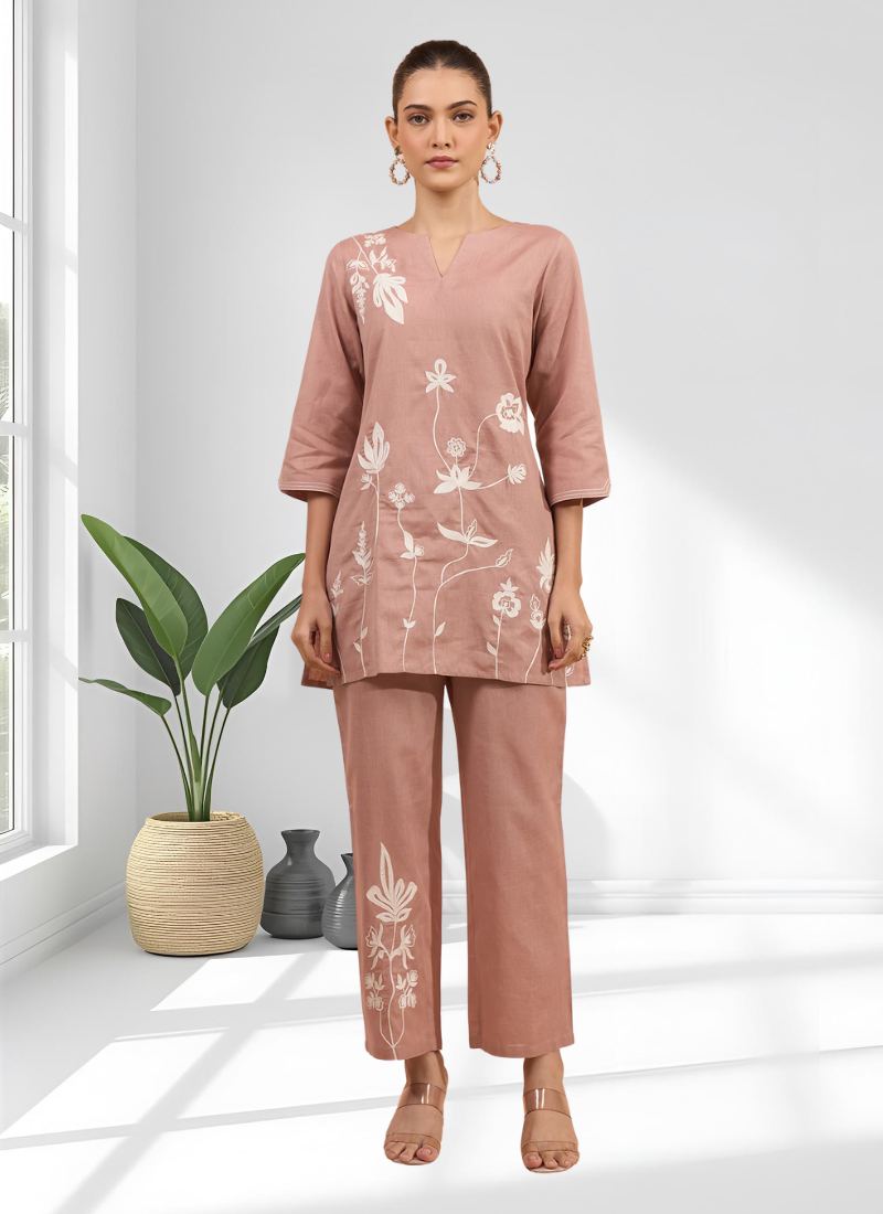 Powder pink cotton kurti set for women's