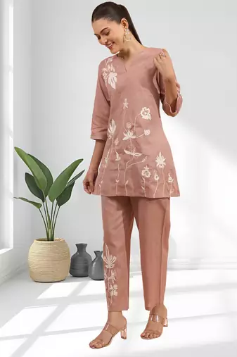 Powder pink cotton kurti set for women's