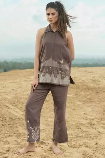 Brown embroidered viscose co-ord set