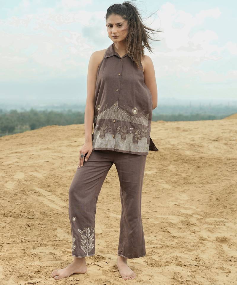 Brown embroidered viscose co-ord set