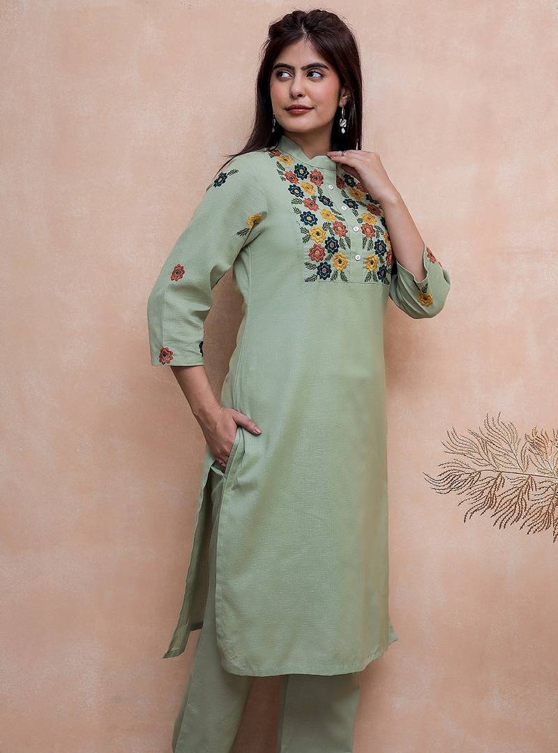 Green embroidered cotton co-ord set