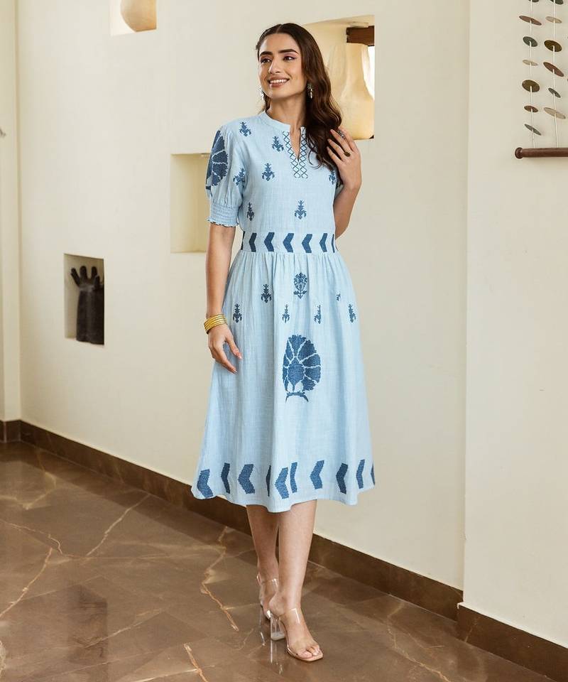 Blue embroidered cotton dress