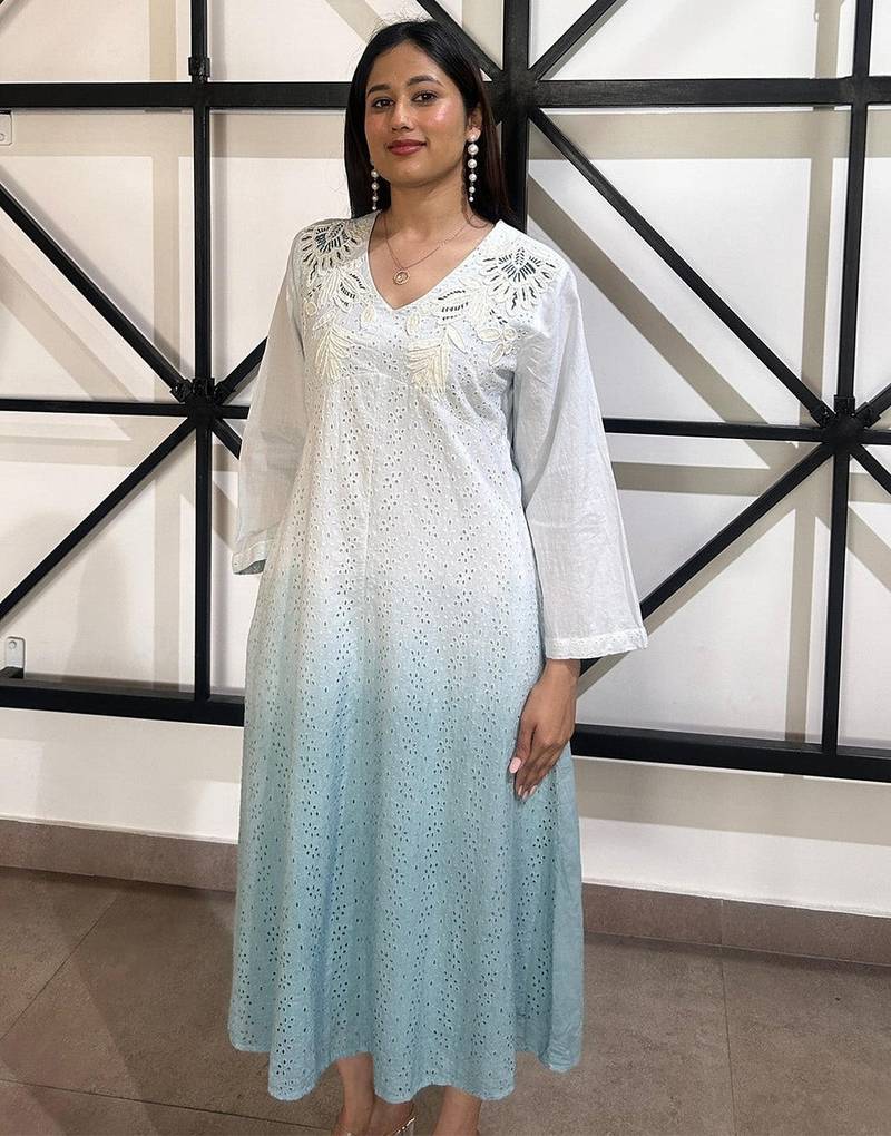 Sky blue embroidered cotton dress