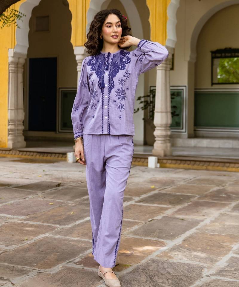 Green embroidered cotton co-ord set