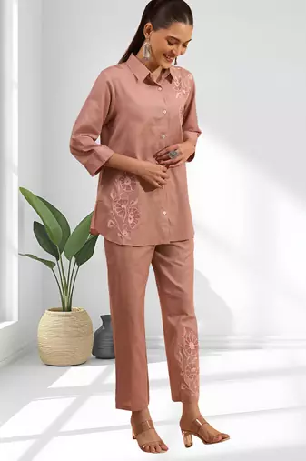 Powder pink cotton kurti set for women's