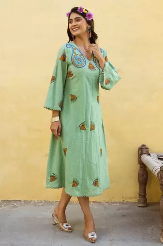 Green embroidered cotton dress