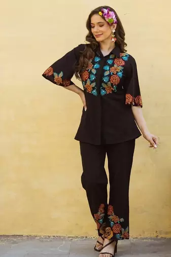 Black embroidered cotton co-ord set