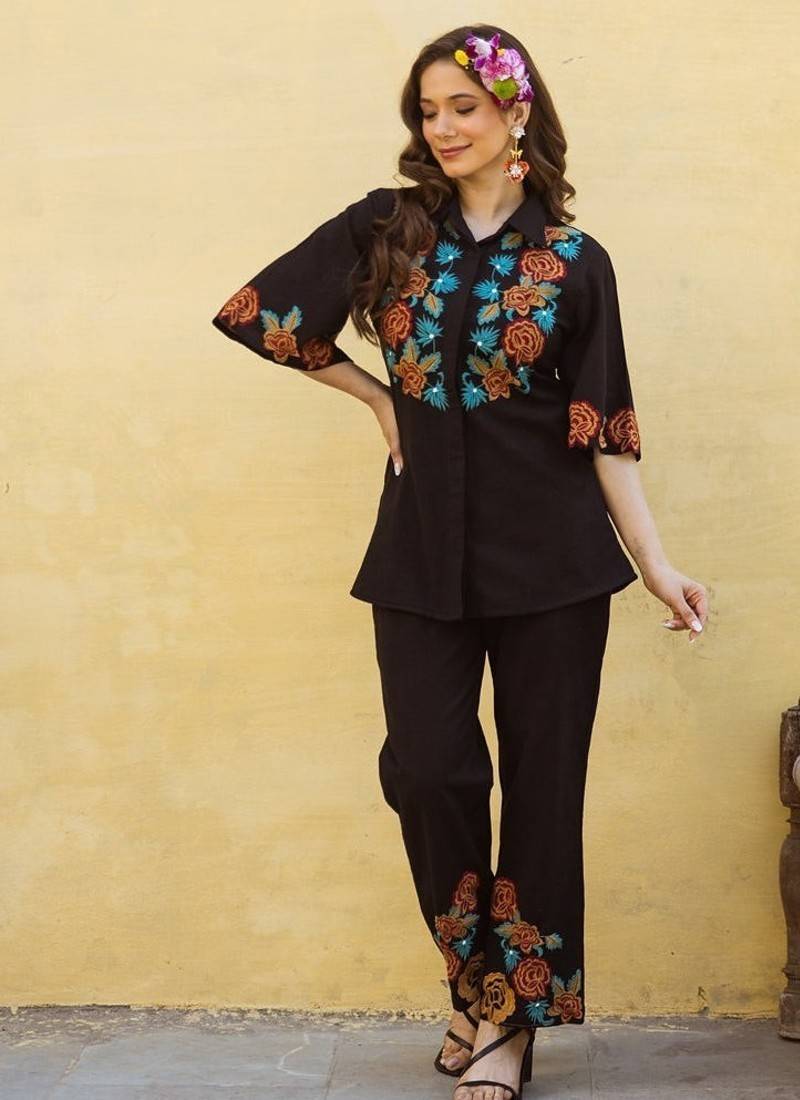 Black embroidered cotton co-ord set